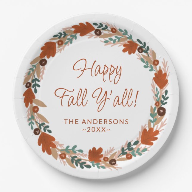 Thanksgiving Autumn Wreath Happy Fall Y’all Paper Plates (Front)