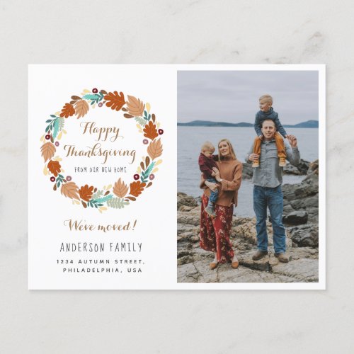 Thanksgiving Autumn Wreath Holiday Moving Photo  Announcement Postcard