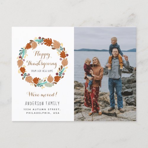 Thanksgiving Autumn Wreath Photo Holiday Moving  Announcement Postcard