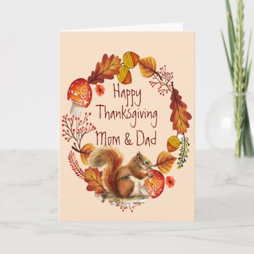 Thanksgiving Autumn Wreath Squirrel Mom Dad Holiday Card