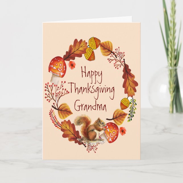 Thanksgiving Autumn Wreath  Wren Bird Grandma Holiday Card (Front)
