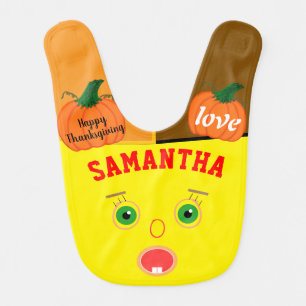 Thanksgiving Baby Face NAME Green Eyes Pumpkins Bib