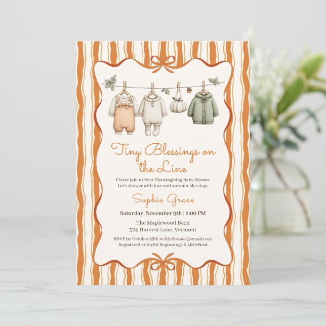Thanksgiving Baby Shower Girl | Cozy Clothesline Invitation (Standing Front)