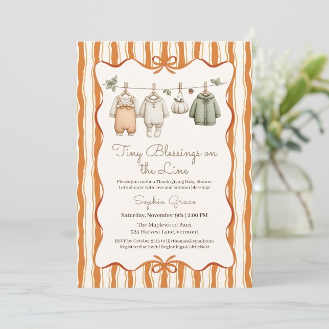Thanksgiving Baby Shower Girl | Cozy Clothesline Invitation (Standing Front)