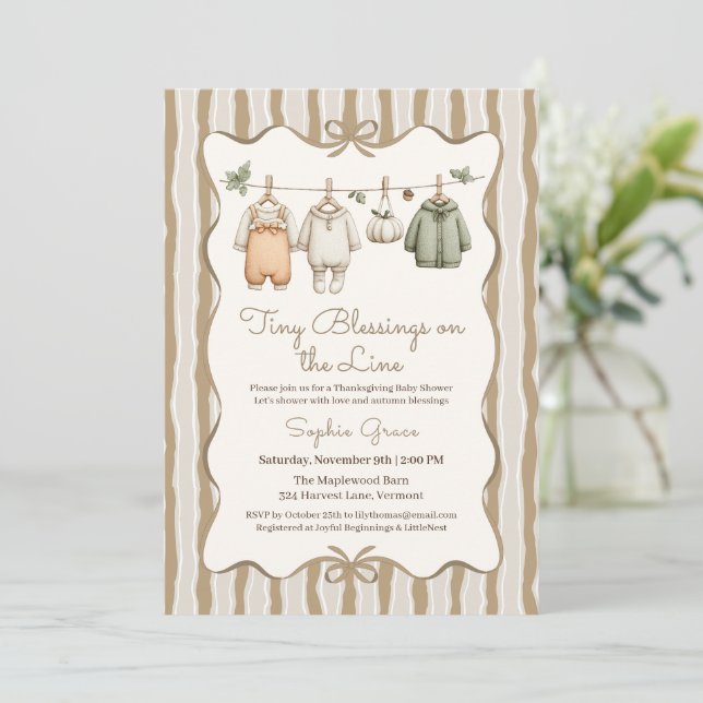 Thanksgiving Baby Shower Girl | Cozy Clothesline Invitation (Standing Front)