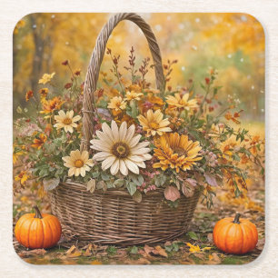 Thanksgiving Basket of Flowers Pumpkins Square Paper Coaster