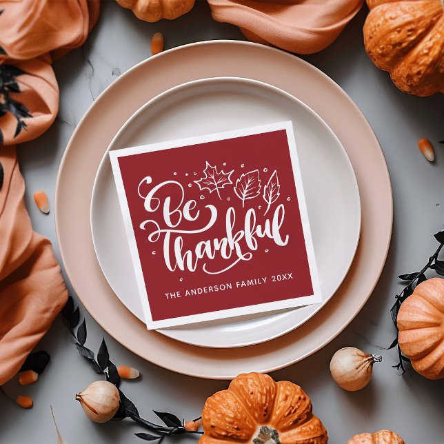 Thanksgiving Be Thankful Script Harvest Burgundy Napkins (Creator Uploaded)