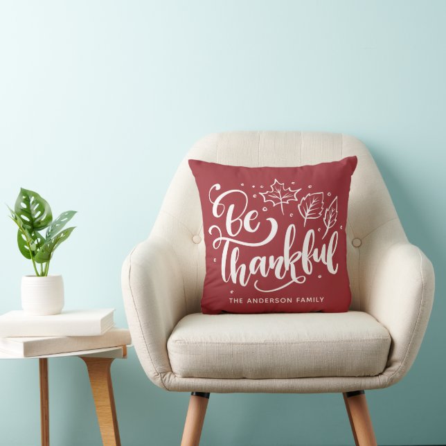 Thanksgiving Be Thankful Script Harvest Burgundy Throw Pillow (Chair)