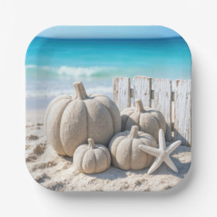 Thanksgiving Beach Sand Pumpkins and Starfish Paper Plates