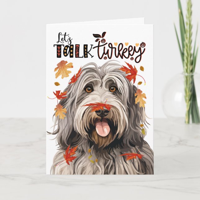 Thanksgiving Bergamasco Dog Let's Talk Turkey Holiday Card (Front)