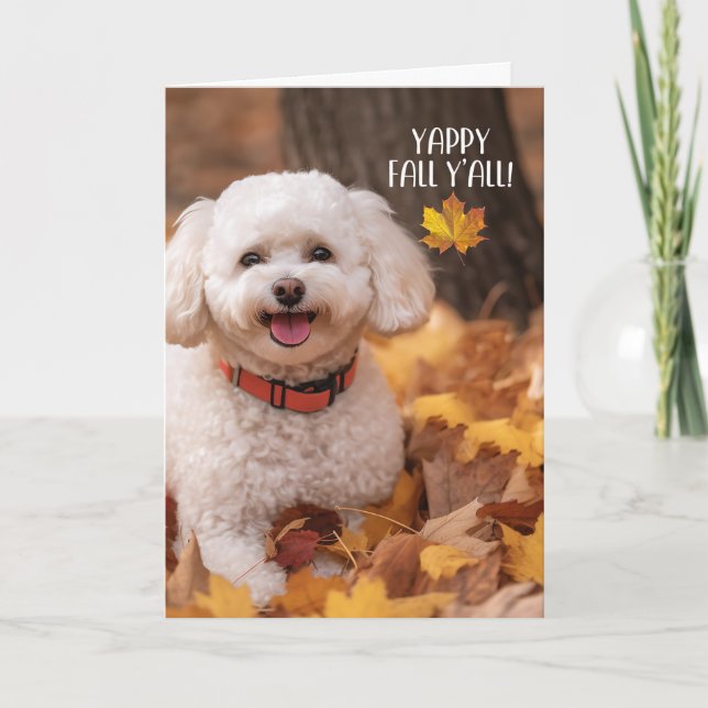 Thanksgiving Bichon Frise Dog with Autumn Leaves Holiday Card (Front)