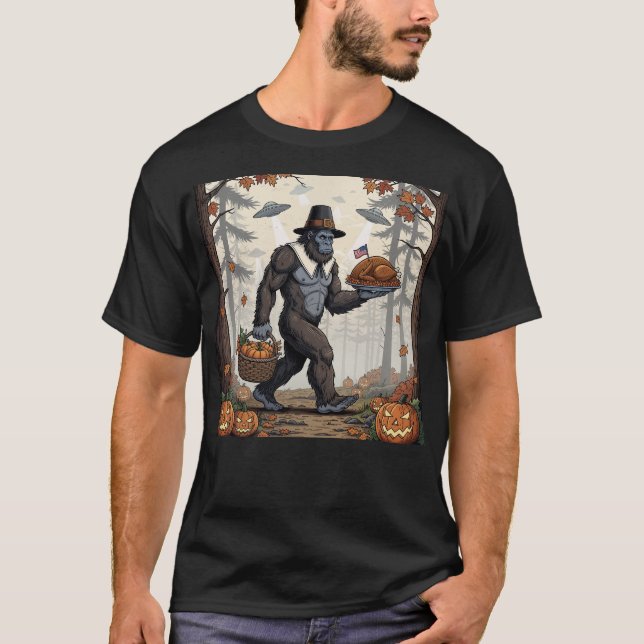 Thanksgiving Bigfoot UFO Funny Sasquatch Turkey T-Shirt (Front)