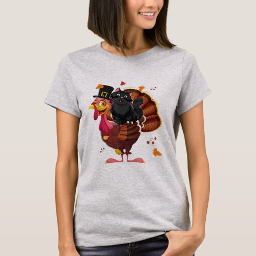Thanksgiving Black Cat Pilgrim Riding Turkey T_Shirt