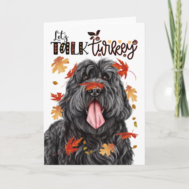 Thanksgiving Black Russian Dog Lets Talk Turkey Holiday Card (Front)