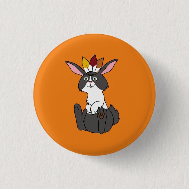 Thanksgiving Black & White Rabbit with Headdress Button (Front)