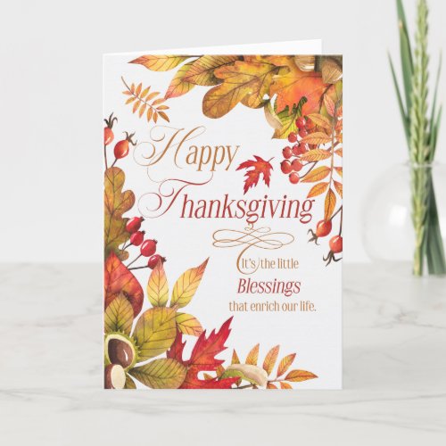 Thanksgiving Blessings Autumn Leaves Acorns Holiday Card