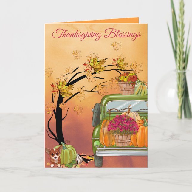 Thanksgiving Blessings Autumn Pumpkins & Puppy Card (Front)