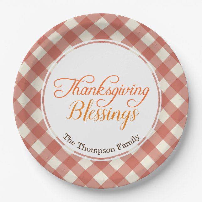 Thanksgiving Blessings Custom Family Name Dinner Paper Plates (Front)
