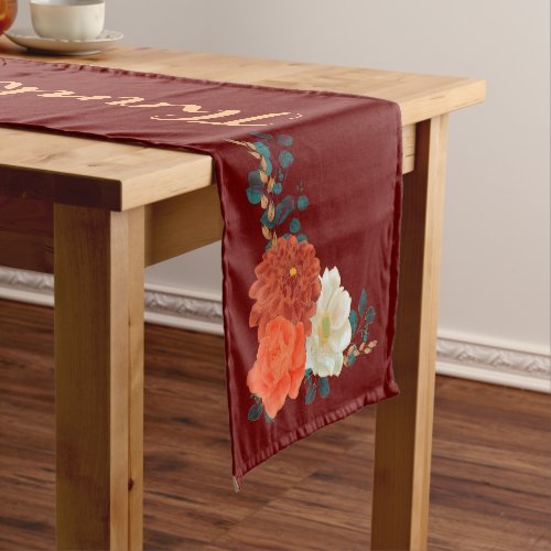 Thanksgiving Blessings Personalized Fall Floral  Short Table Runner