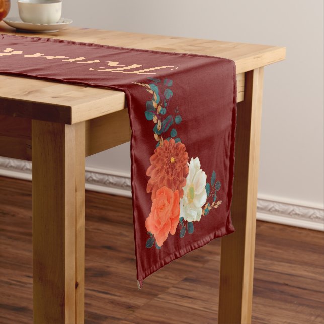 Thanksgiving Blessings Personalized Fall Floral  Short Table Runner (In Situ)