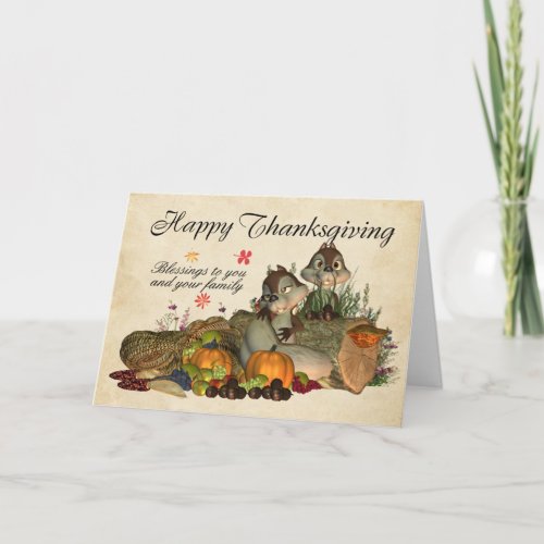 Thanksgiving Blessings _ Squirrels And Cornucopia Holiday Card