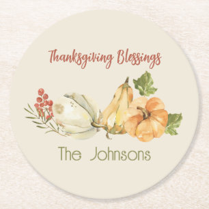 'Thanksgiving Blessings' Watercolor Personalized Round Paper Coaster