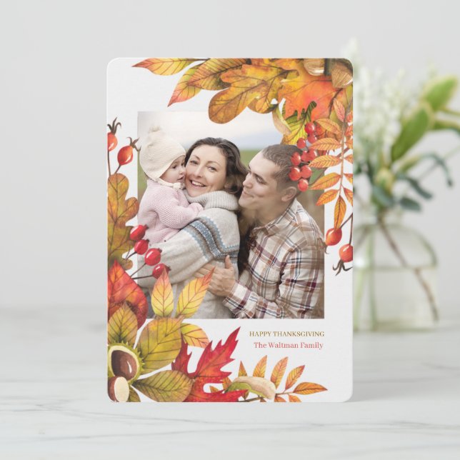 Thanksgiving Bold Botanical Flat Vert Photo Holiday Card (Standing Front)