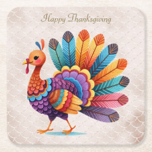 Thanksgiving Bright Feathers Turkey Paper Coaster