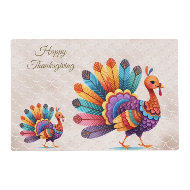 Thanksgiving Bright Feathers Turkey Paper Placemat (Front)