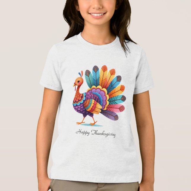 Thanksgiving Bright Feathers Turkey T-Shirt Tri-Blend Shirt (Front)