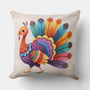 Thanksgiving Bright Feathers Turkey Throw Pillow