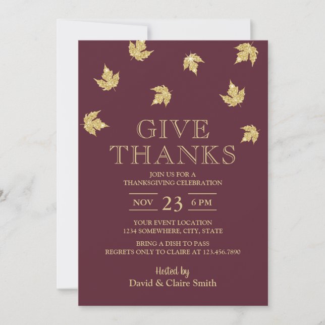 Thanksgiving Burgundy Red & Gold Leaves Invitation (Front)