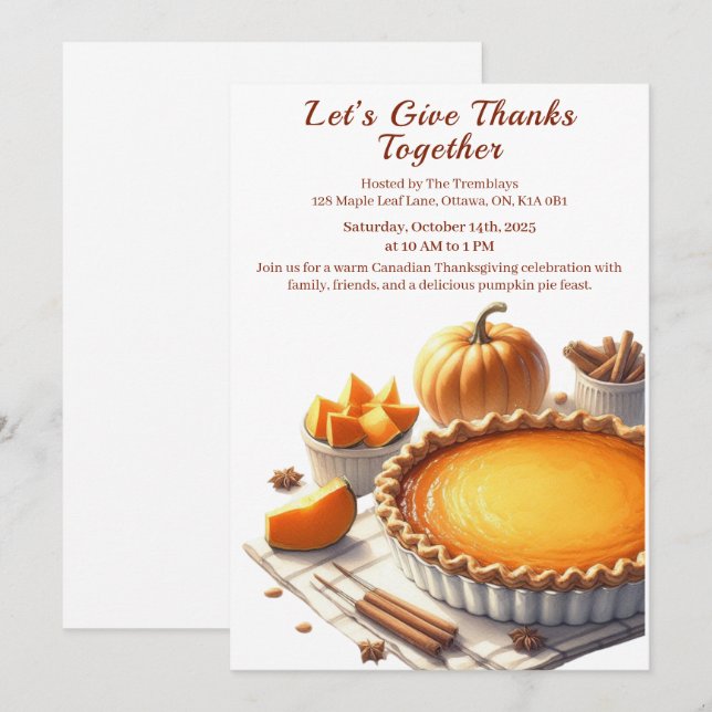 Thanksgiving Canada | Cozy Pumpkin Pie Gathering Invitation (Front/Back)
