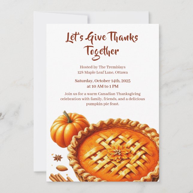 Thanksgiving Canada | Cozy Pumpkin Pie Gathering Invitation (Front)