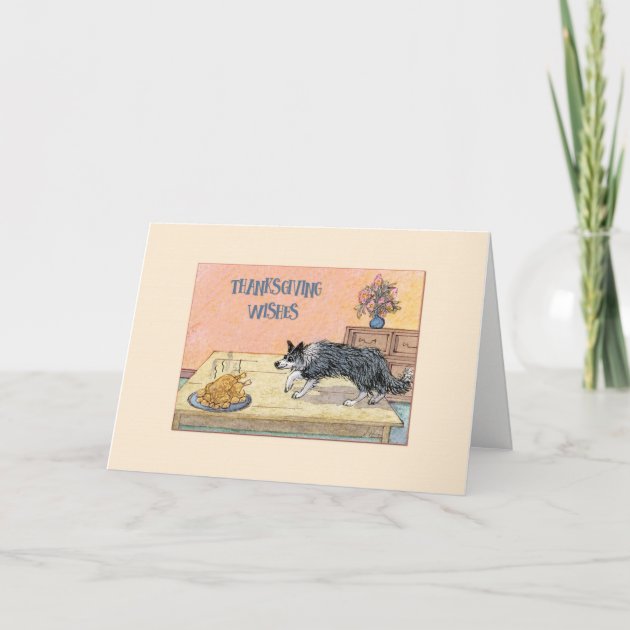 Thanksgiving Card, Border Collie Dog With Turkey Holiday Card