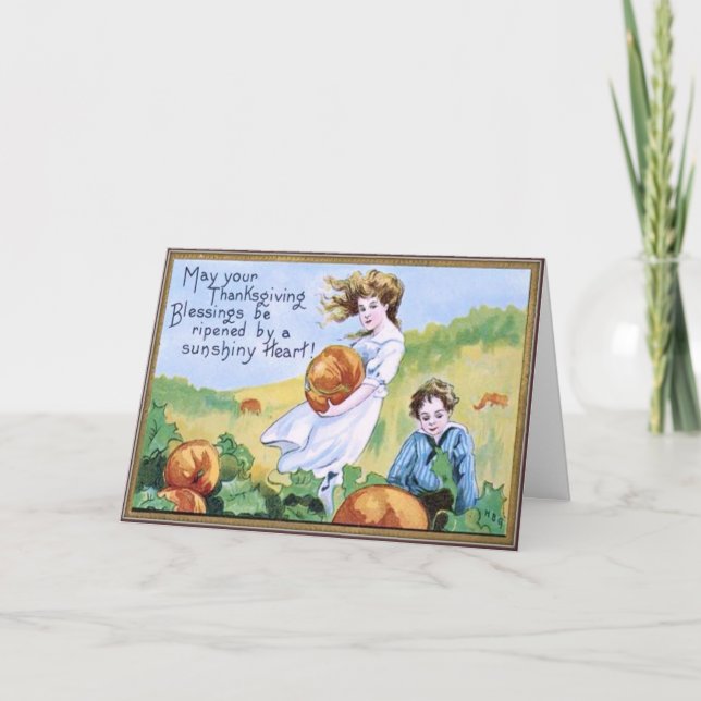 Thanksgiving Card - Children in Pumpkin Patch (Front)