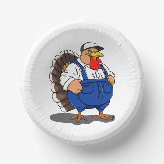 Thanksgiving, Cartoon Farmer Turkey, Paper Bowls (Front)