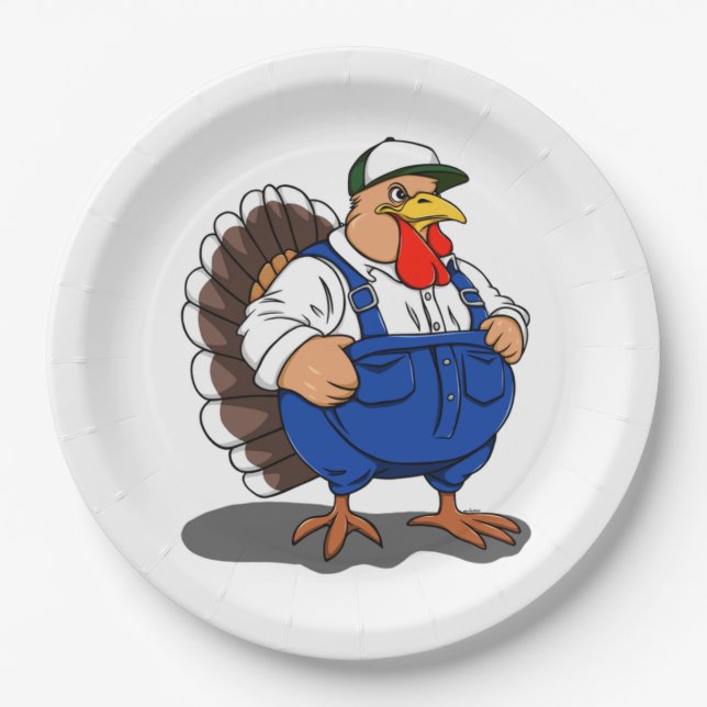 Thanksgiving, Cartoon Farmer Turkey, Paper Plates (Front)