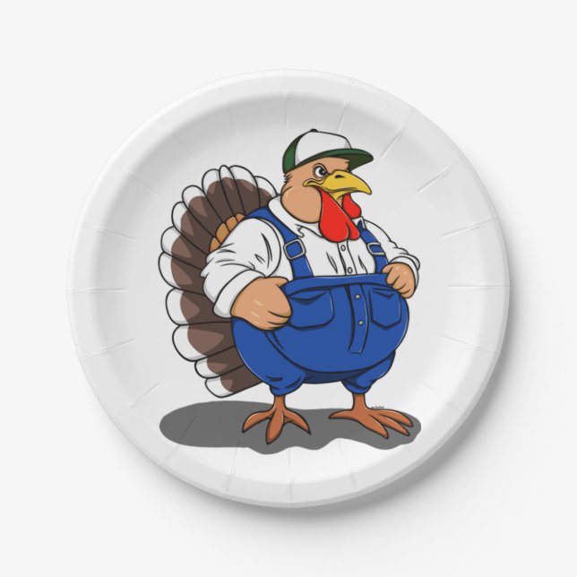 Thanksgiving, Cartoon Farmer Turkey, Paper Plates (Front)