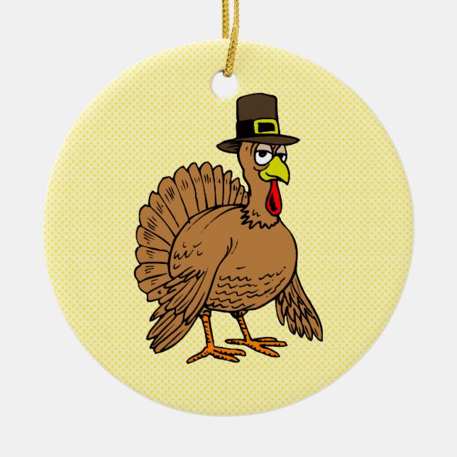 Thanksgiving Cartoon Turkey Pilgrim Ceramic Ornament (Front)