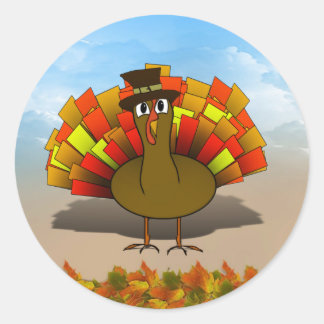 Thanksgiving Cartoon Turkey Pilgrim Classic Round Sticker