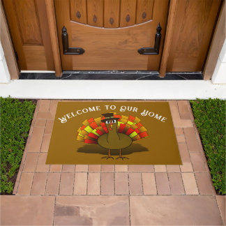 Thanksgiving Cartoon Turkey Pilgrim Doormat