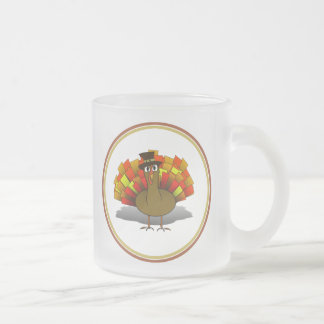 Thanksgiving Cartoon Turkey Pilgrim Frosted Glass Coffee Mug