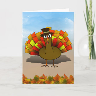 Thanksgiving Cartoon Turkey Pilgrim Holiday Card
