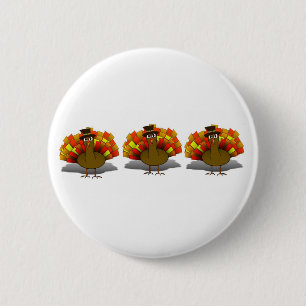 Thanksgiving Cartoon Turkey Pilgrim Pinback Button