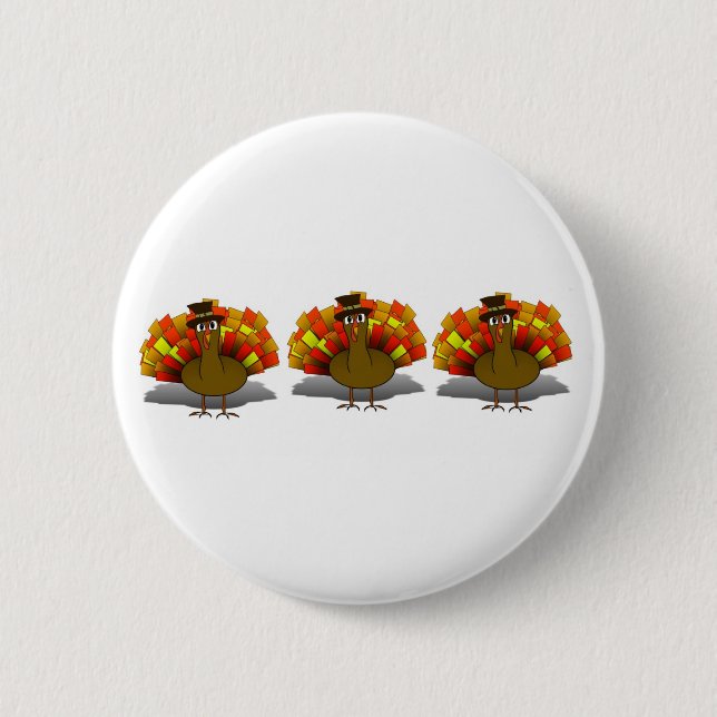 Thanksgiving Cartoon Turkey Pilgrim Pinback Button (Front)