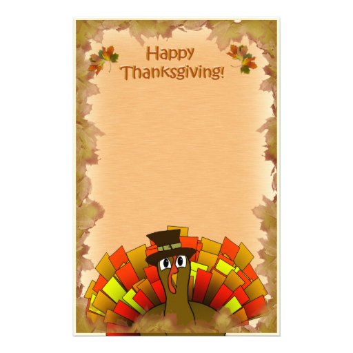 Thanksgiving Cartoon Turkey Pilgrim Stationery Paper