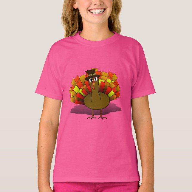 Thanksgiving Cartoon Turkey Pilgrim T-Shirt (Front)