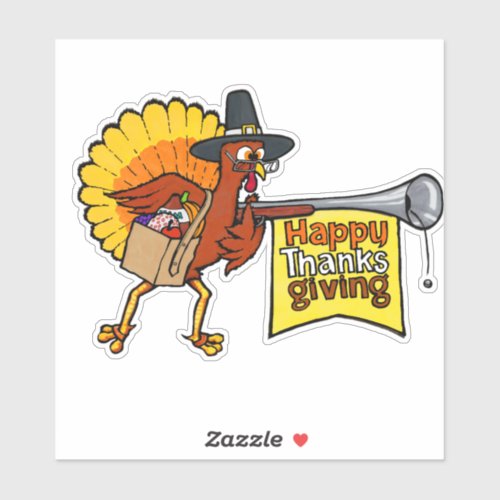 Thanksgiving Cartoon Turkey Pilgrim with Musket Sticker