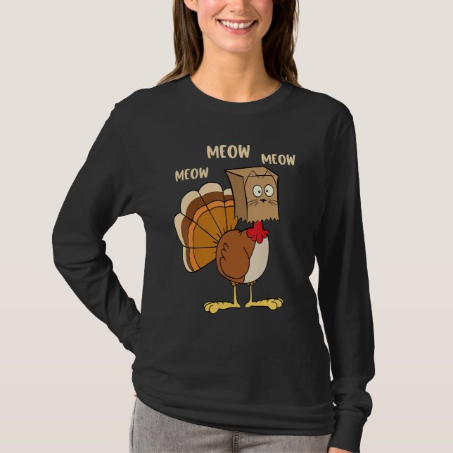 Thanksgiving Cat  Fake Cat Meow Thanksgiving Turke T-Shirt (Front)